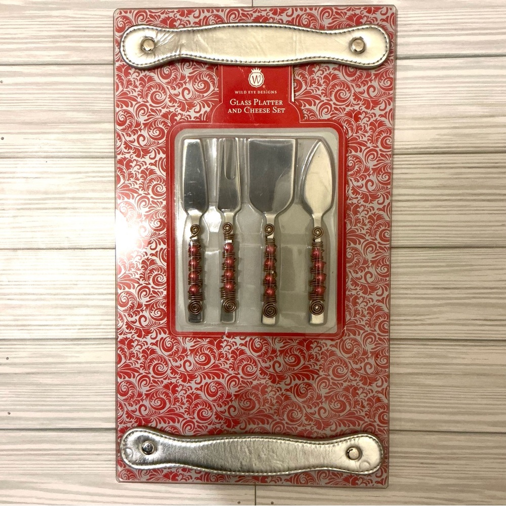 Red and Silver Glass Platter & Cheese Set